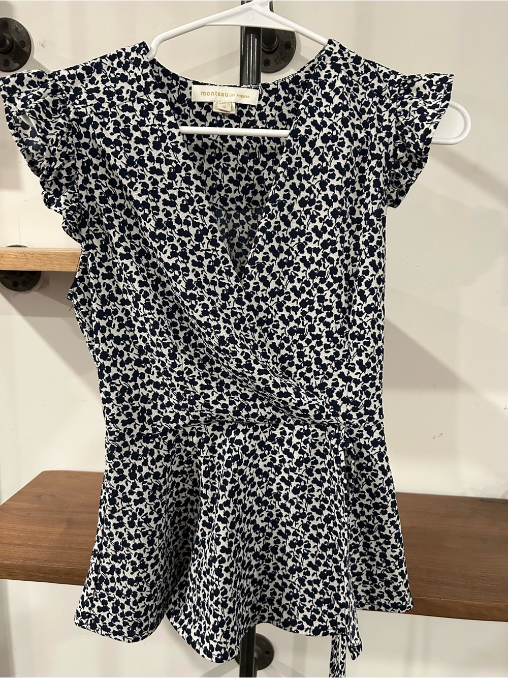 Monteau White and Navy Floral Wrap Peplum Top